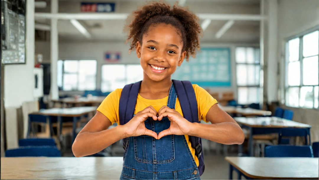 Smiling elementary school student standing in a classroom, wearing a backpack and denim overalls, making a heart shape with her hands to symbolize care, support, and learning.