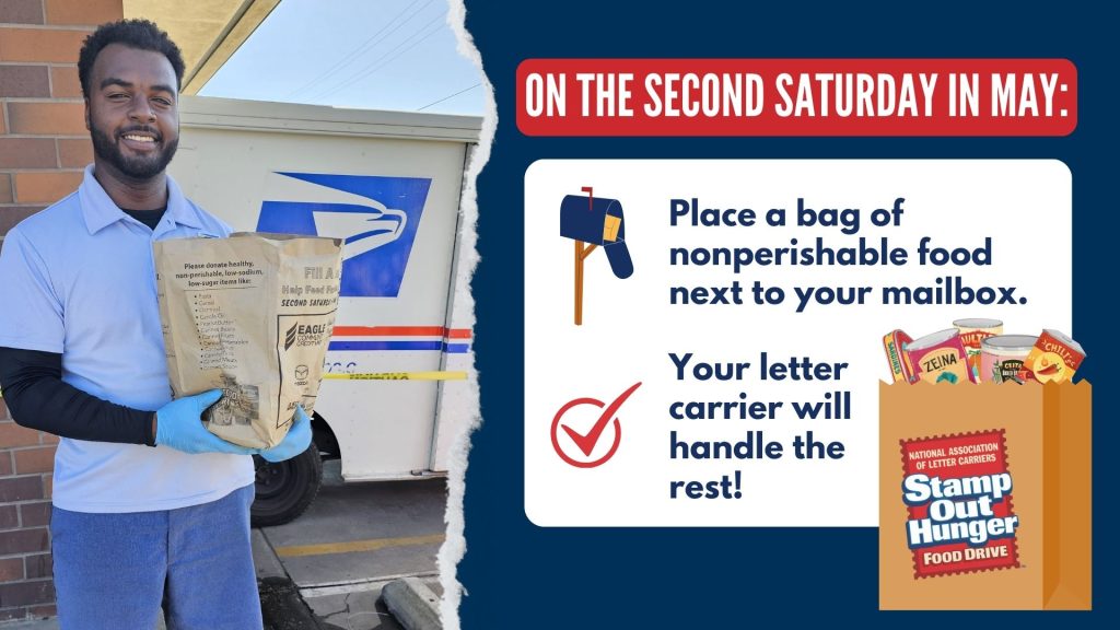 Mail carrier holding a donation bag next to a USPS truck, with a graphic explaining that on the second Saturday in May, residents can leave nonperishable food by their mailbox for collection during the Stamp Out Hunger food drive.