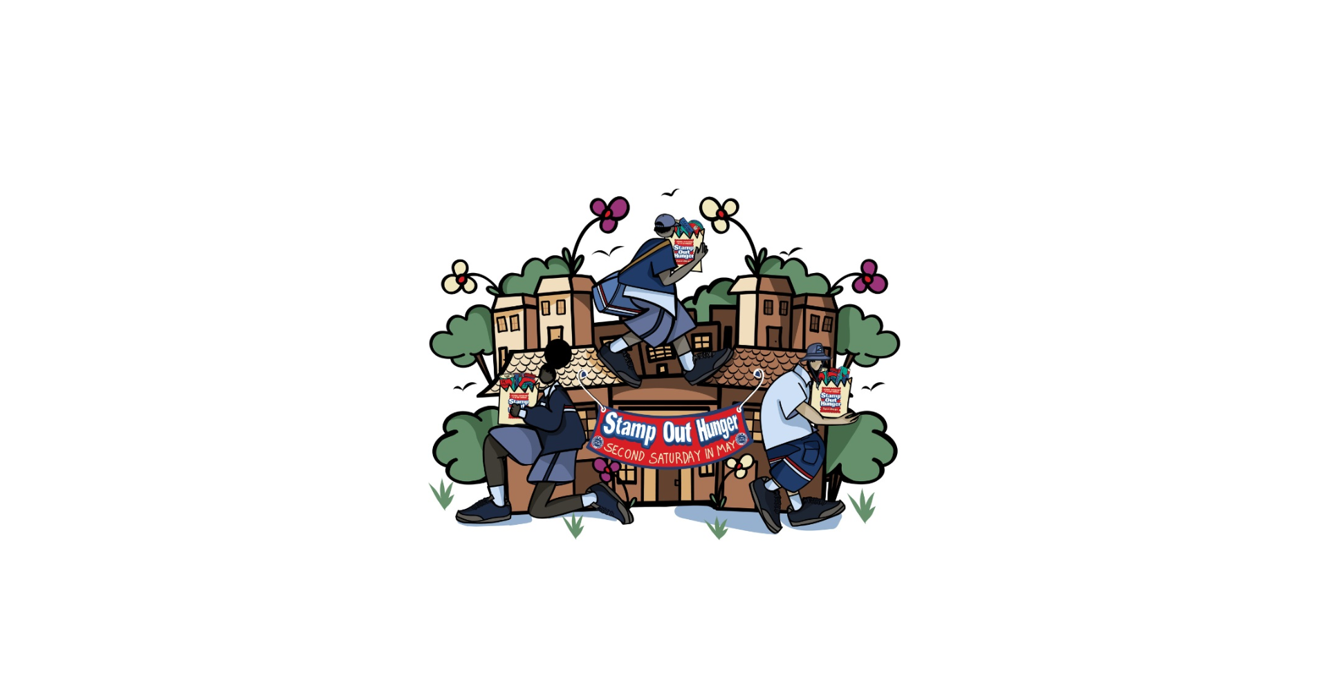 Colorful illustration of three mail carriers collecting food donations in a neighborhood, with a central 'Stamp Out Hunger' banner and reminder that the drive takes place on the second Saturday in May.